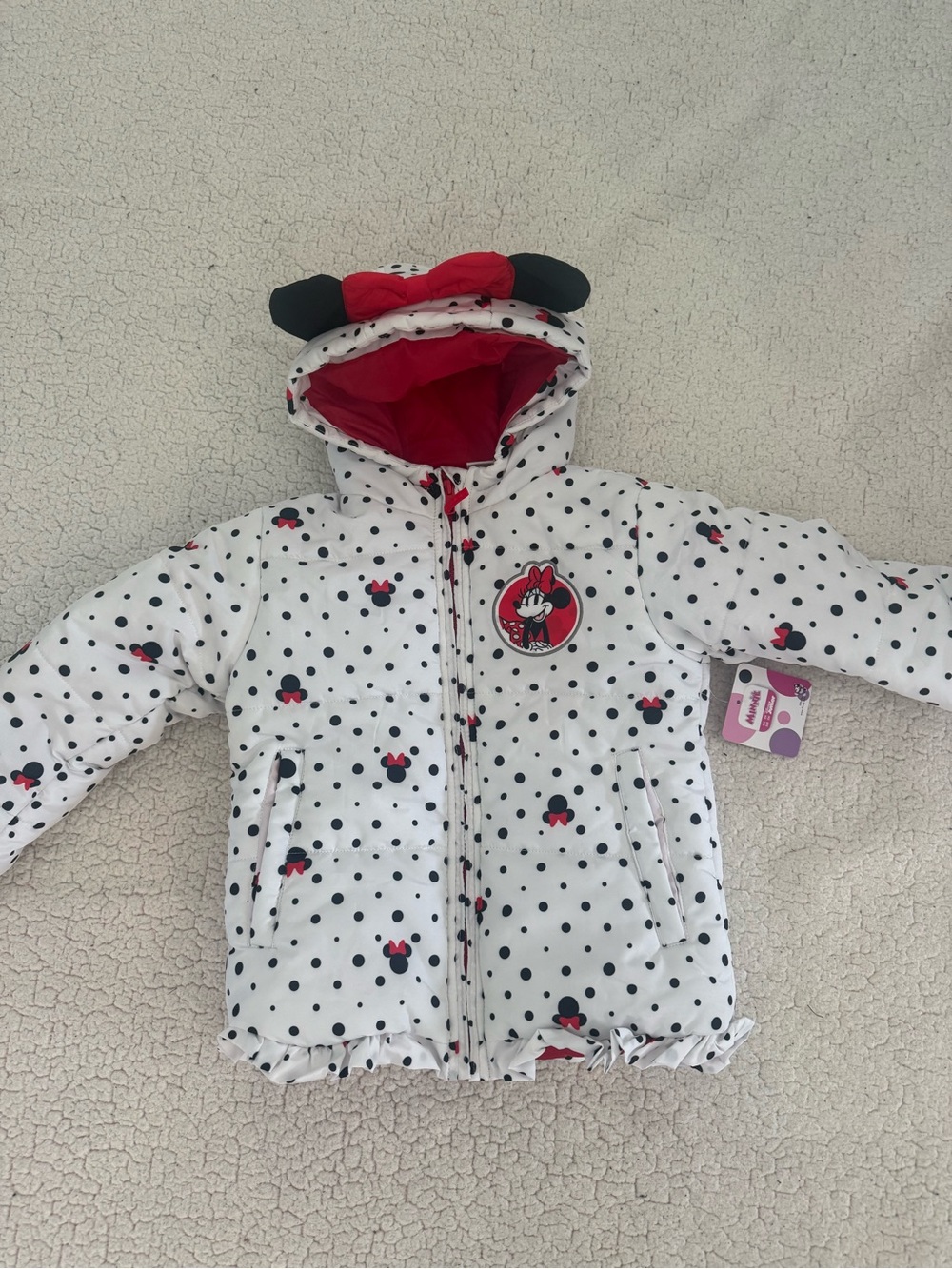 New girls Sz 6 Disney White Polka Dot Puffer Jacket with Red Lining